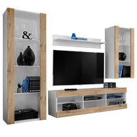 Set Di Mobili Porta TV Tivoli Medio, Komodee, Bianco/Wotan, Senza LED, Larghezza 245 cm x Altezza 159 cm x Profondità 35 cm, Per soggiorno, Camera da letto