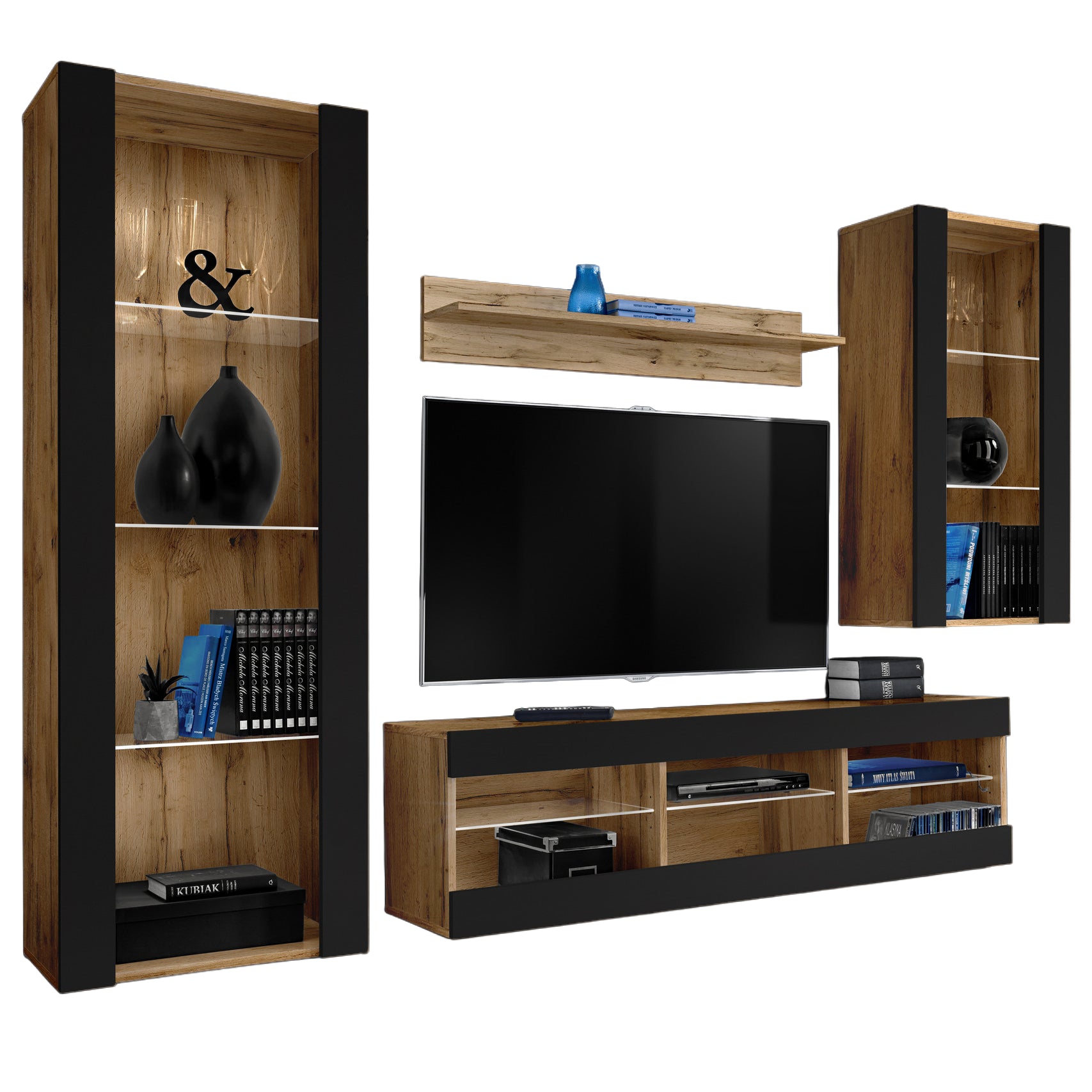 Set Di Mobili Porta TV Tivoli Medio, Komodee, Wotan/Nero, Senza LED, Larghezza 245 cm x Altezza 159 cm x Profondità 35 cm, Per soggiorno, Camera da letto