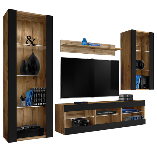 Set Di Mobili Porta TV Tivoli Medio, Komodee, Wotan/Nero, Senza LED, Larghezza 245 cm x Altezza 159 cm x Profondità 35 cm, Per soggiorno, Camera da letto