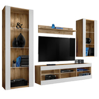 Set Di Mobili Porta TV Tivoli Medio, Komodee, Wotan/Bianco, Senza LED, Larghezza 245 cm x Altezza 159 cm x Profondità 35 cm, Per soggiorno, Camera da letto