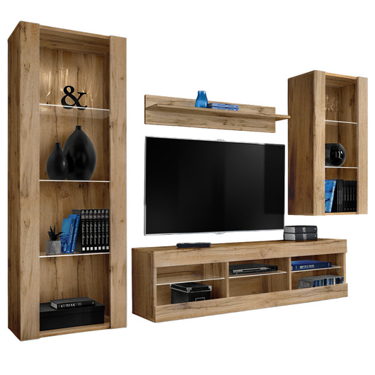 Set Di Mobili Porta TV Tivoli Medio, Komodee, Wotan/Wotan, Senza LED, Larghezza 245 cm x Altezza 159 cm x Profondità 35 cm, Per soggiorno, Camera da letto