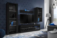 Set Di Mobili Porta TV Tivoli Medio, Komodee, Nero/Nero, Senza LED, Larghezza 245 cm x Altezza 159 cm x Profondità 35 cm, Per soggiorno, Camera da letto