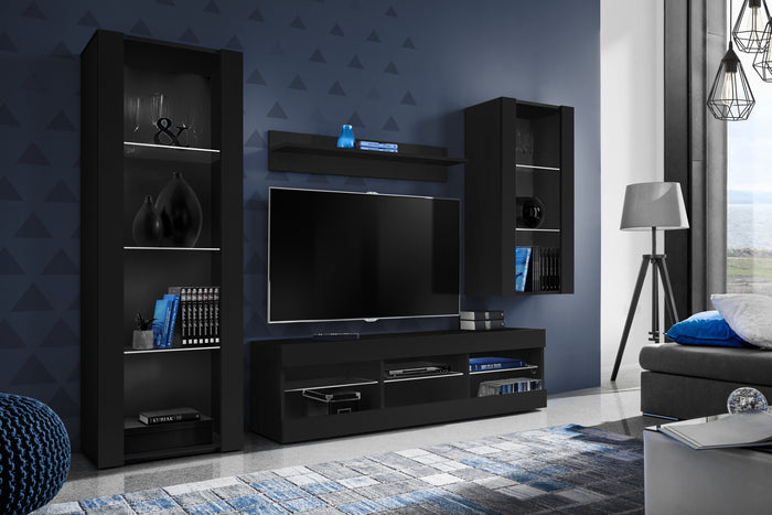 Set Di Mobili Porta TV Tivoli Medio, Komodee, Nero/Nero, Senza LED, Larghezza 245 cm x Altezza 159 cm x Profondità 35 cm, Per soggiorno, Camera da letto