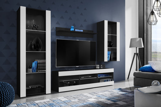 Set Di Mobili Porta TV Tivoli Medio, Komodee, Nero/Bianco, Senza LED, Larghezza 245 cm x Altezza 159 cm x Profondità 35 cm, Per soggiorno, Camera da letto