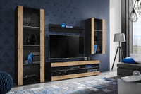 Set Di Mobili Porta TV Tivoli Medio, Komodee, Nero/Wotan, Senza LED, Larghezza 245 cm x Altezza 159 cm x Profondità 35 cm, Per soggiorno, Camera da letto