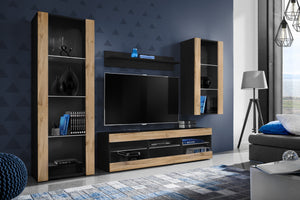 Set Di Mobili Porta TV Tivoli Medio, Komodee, Nero/Wotan, Senza LED, Larghezza 245 cm x Altezza 159 cm x Profondità 35 cm, Per soggiorno, Camera da letto