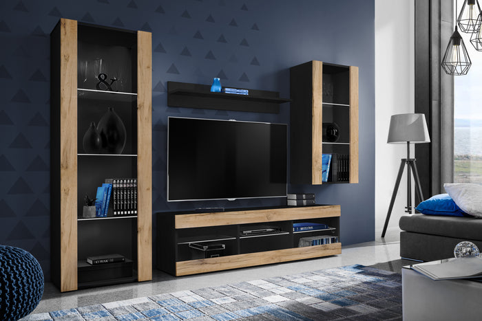 Set Di Mobili Porta TV Tivoli Medio, Komodee, Nero/Wotan, Senza LED, Larghezza 245 cm x Altezza 159 cm x Profondità 35 cm, Per soggiorno, Camera da letto