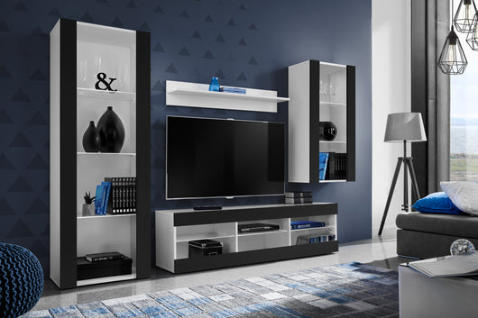 Set Di Mobili Porta TV Tivoli Medio, Komodee, Bianco/Nero, Senza LED, Larghezza 245 cm x Altezza 159 cm x Profondità 35 cm, Per soggiorno, Camera da letto