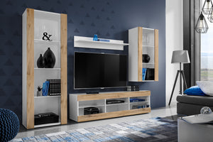 Set Di Mobili Porta TV Tivoli Medio, Komodee, Bianco/Wotan, Senza LED, Larghezza 245 cm x Altezza 159 cm x Profondità 35 cm, Per soggiorno, Camera da letto