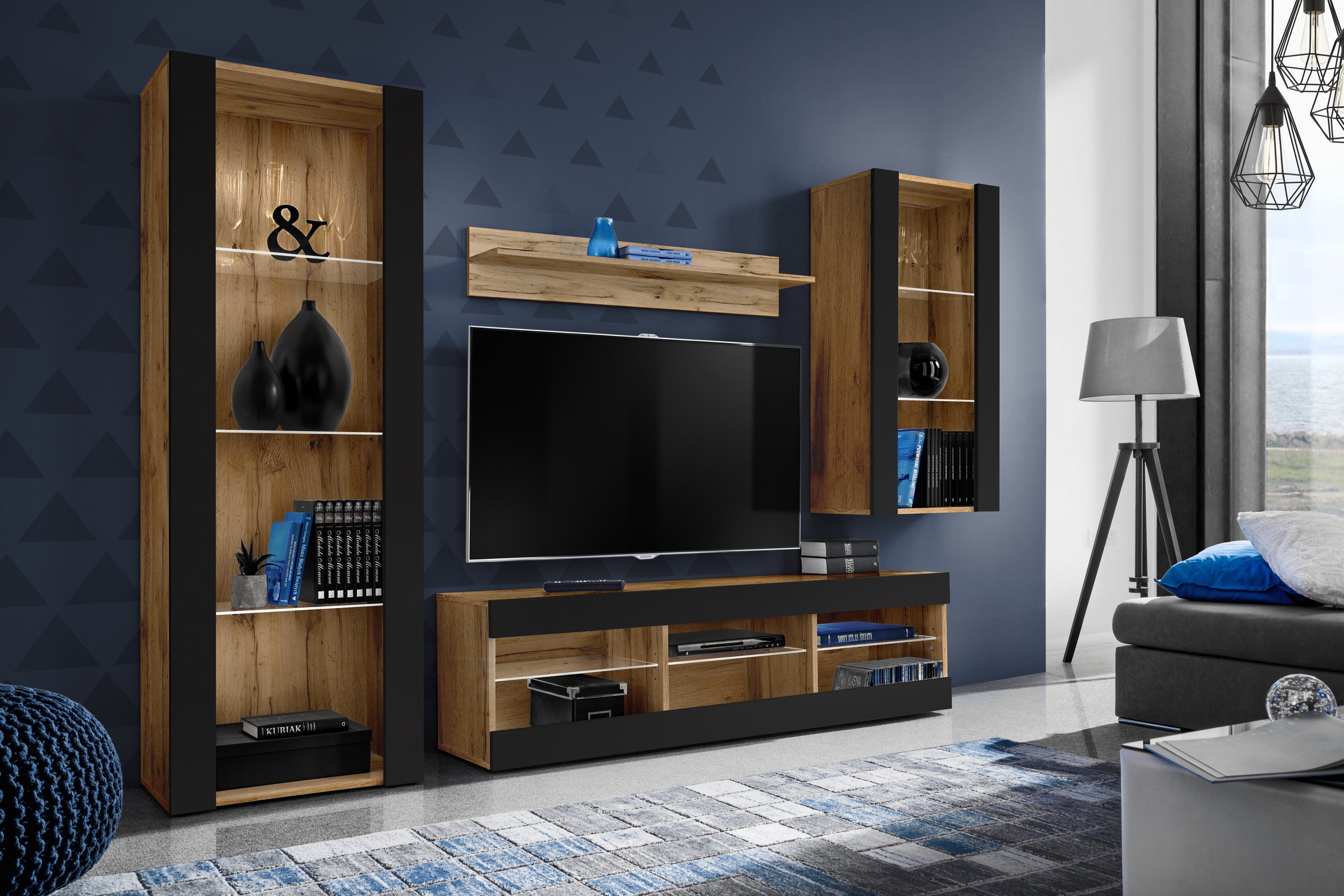 Set Di Mobili Porta TV Tivoli Medio, Komodee, Wotan/Nero, Senza LED, Larghezza 245 cm x Altezza 159 cm x Profondità 35 cm, Per soggiorno, Camera da letto