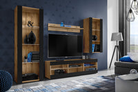 Set Di Mobili Porta TV Tivoli Medio, Komodee, Wotan/Nero, Senza LED, Larghezza 245 cm x Altezza 159 cm x Profondità 35 cm, Per soggiorno, Camera da letto