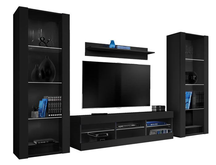 Set di mobili porta TV Tivoli Grande, Komodee, Nero, Senza LED, Larghezza 250 cm x Altezza 159 cm x Profondità 35 cm, Per soggiorno, Camera da letto