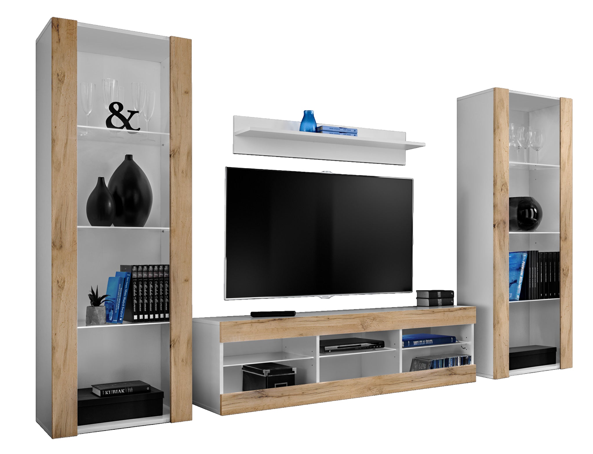 Set di mobili porta TV Tivoli Grande, Komodee, Bianco Wotan, Senza LED, Larghezza 250 cm x Altezza 159 cm x Profondità 35 cm, Per soggiorno, Camera da letto