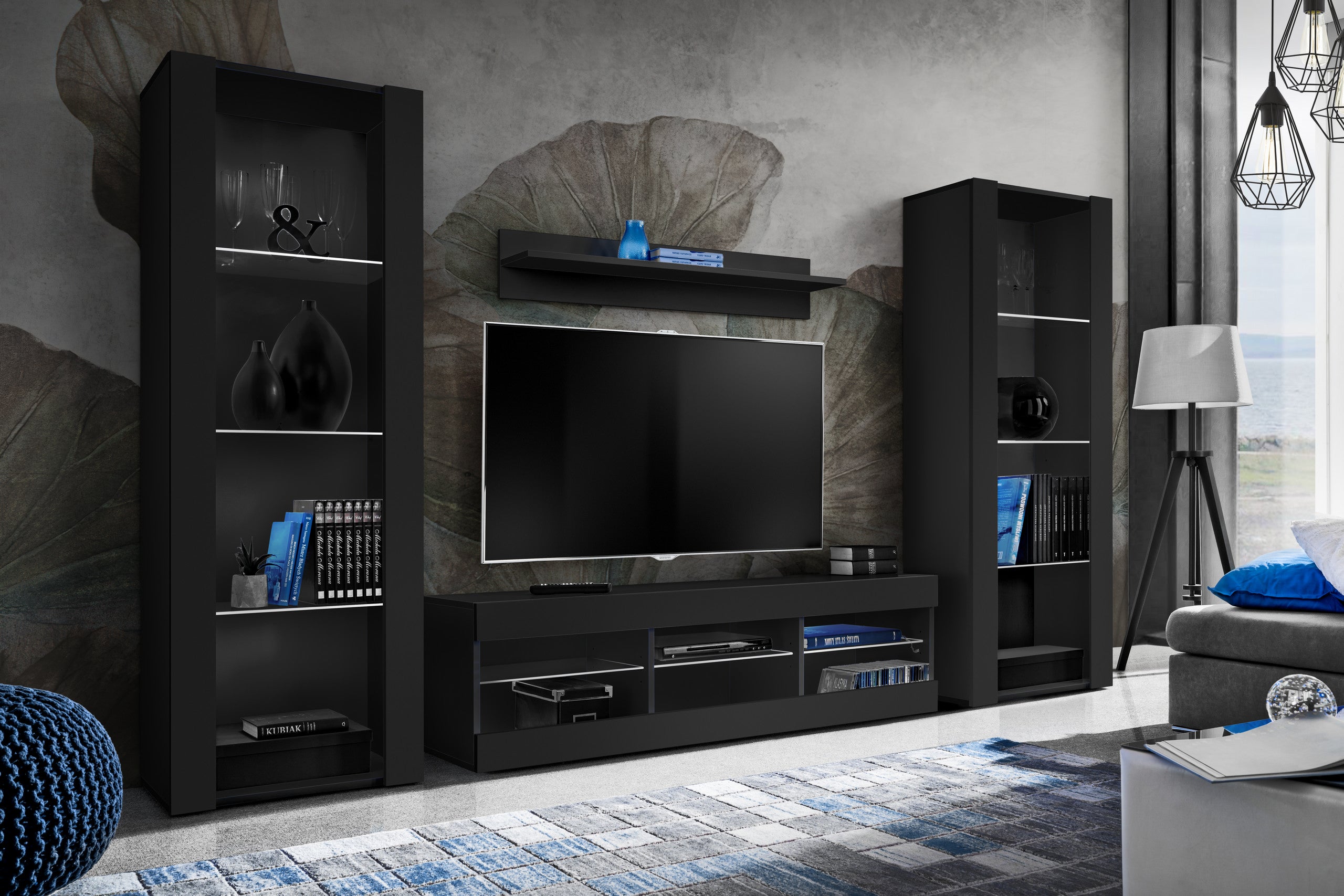 Set di mobili porta TV Tivoli Grande, Komodee, Nero, Senza LED, Larghezza 250 cm x Altezza 159 cm x Profondità 35 cm, Per soggiorno, Camera da letto