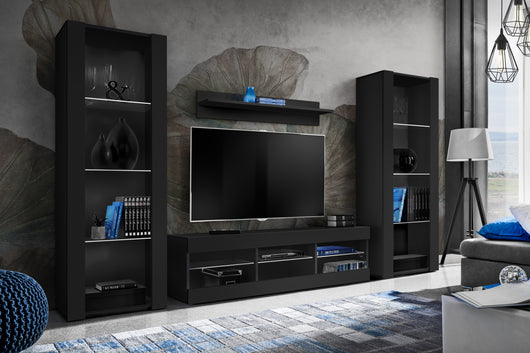 Set di mobili porta TV Tivoli Grande, Komodee, Nero, Senza LED, Larghezza 250 cm x Altezza 159 cm x Profondità 35 cm, Per soggiorno, Camera da letto