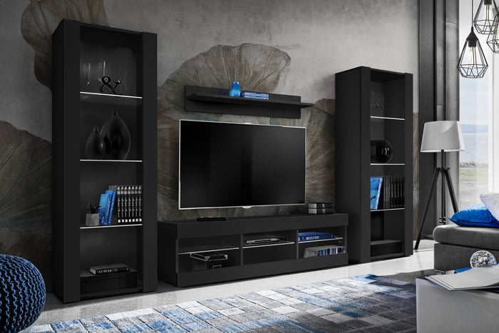 Set di mobili porta TV Tivoli Grande, Komodee, Nero, Senza LED, Larghezza 250 cm x Altezza 159 cm x Profondità 35 cm, Per soggiorno, Camera da letto