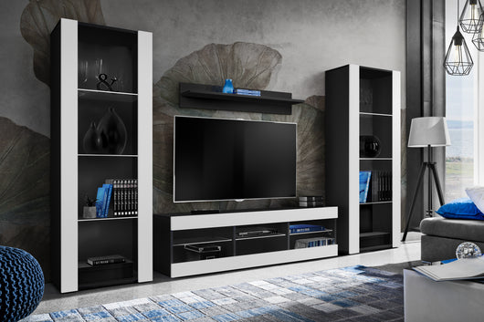 Set di mobili porta TV Tivoli Grande, Komodee, Nero Bianco, Senza LED, Larghezza 250 cm x Altezza 159 cm x Profondità 35 cm, Per soggiorno, Camera da letto