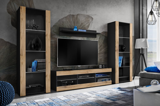 Set di mobili porta TV Tivoli Grande, Komodee, Nero Wotan, Senza LED, Larghezza 250 cm x Altezza 159 cm x Profondità 35 cm, Per soggiorno, Camera da letto