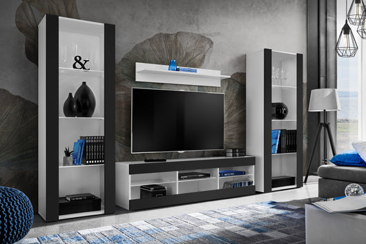 Set di mobili porta TV Tivoli Grande, Komodee, Bianco Nero, Senza LED, Larghezza 250 cm x Altezza 159 cm x Profondità 35 cm, Per soggiorno, Camera da letto