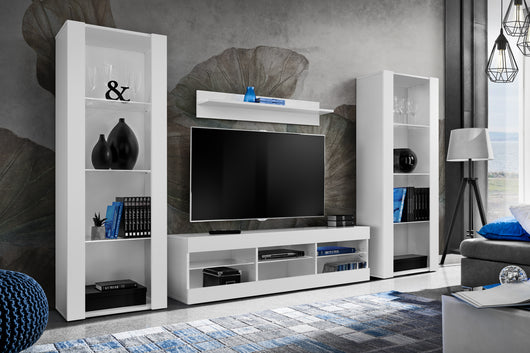 Set di mobili porta TV Tivoli Grande, Komodee, Bianco, Senza LED, Larghezza 250 cm x Altezza 159 cm x Profondità 35 cm, Per soggiorno, Camera da letto