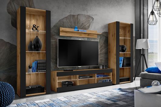 Set di mobili porta TV Tivoli Grande, Komodee, Wotan Nero, Senza LED, Larghezza 250 cm x Altezza 159 cm x Profondità 35 cm, Per soggiorno, Camera da letto