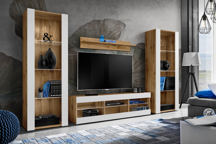 Set di mobili porta TV Tivoli Grande, Komodee, Wotan Bianco, Senza LED, Larghezza 250 cm x Altezza 159 cm x Profondità 35 cm, Per soggiorno, Camera da letto