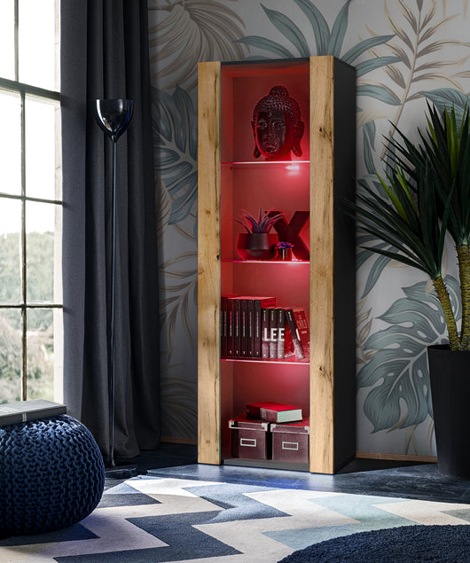 Vetrina Tivoli, Komodee, Nero/Wotan, Larghezza 55 cm x Altezza 159 cm x Profondità 35 cm, LED RGB, 3 ripiani, Per soggiorno, Camera da letto, anticamera