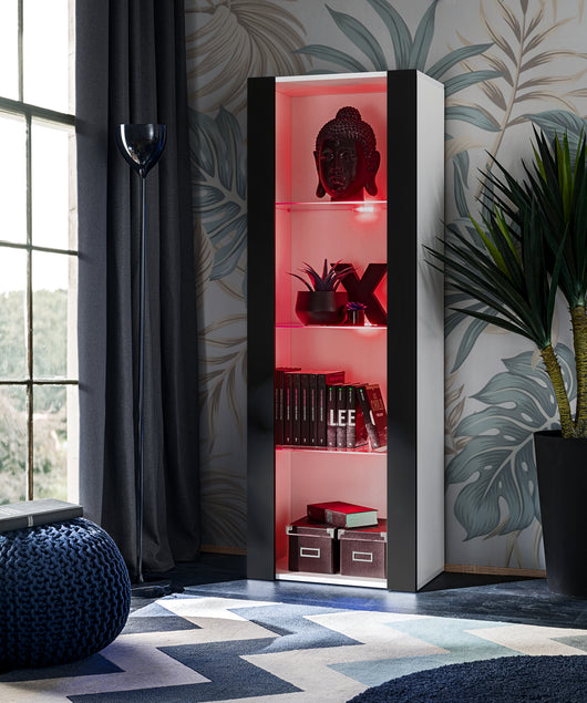 Vetrina Tivoli, Komodee, Bianco/Nero, Larghezza 55 cm x Altezza 159 cm x Profondità 35 cm, LED RGB, 3 ripiani, Per soggiorno, Camera da letto, anticamera