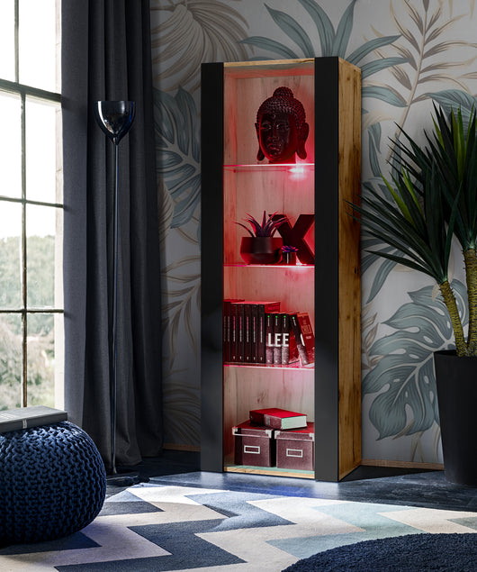 Vetrina Tivoli, Komodee, Wotan/Nero, Larghezza 55 cm x Altezza 159 cm x Profondità 35 cm, LED RGB, 3 ripiani, Per soggiorno, Camera da letto, anticamera