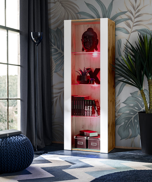 Vetrina Tivoli, Komodee, Wotan/Bianco, Larghezza 55 cm x Altezza 159 cm x Profondità 35 cm, LED RGB, 3 ripiani, Per soggiorno, Camera da letto, anticamera