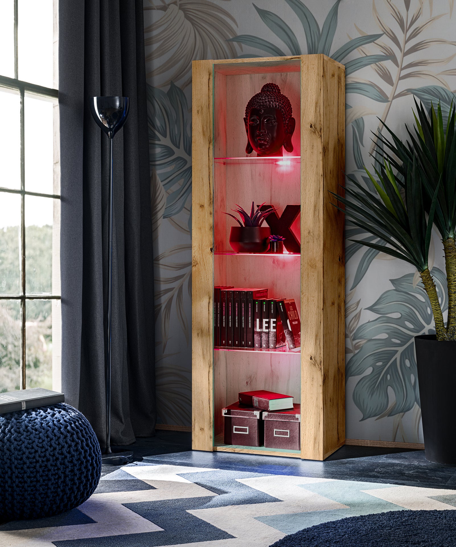 Vetrina Tivoli, Komodee, Wotan, Larghezza 55 cm x Altezza 159 cm x Profondità 35 cm, LED RGB, 3 ripiani, Per soggiorno, Camera da letto, anticamera