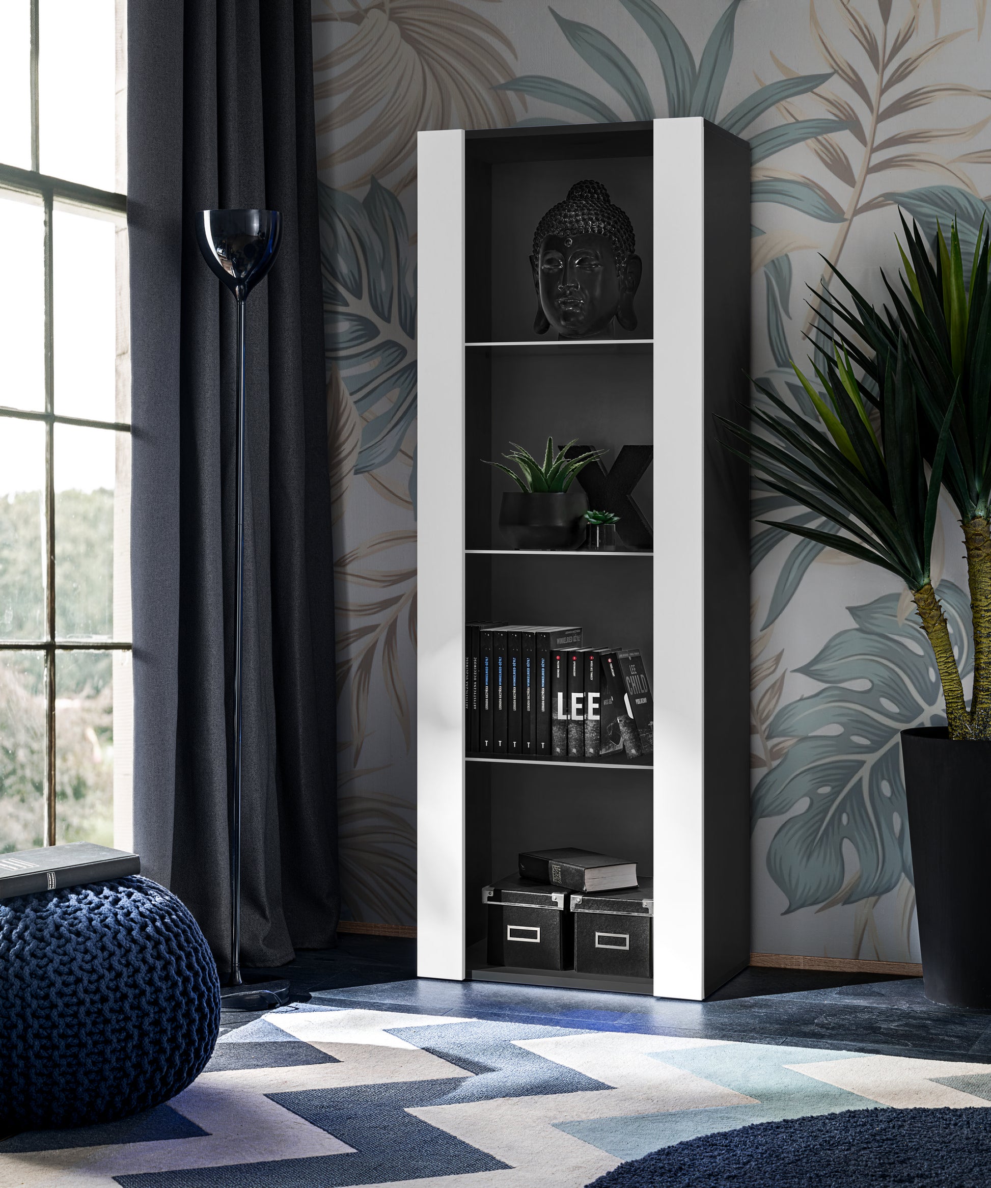 Vetrina Tivoli, Komodee, Nero/Bianco, Larghezza 55 cm x Altezza 159 cm x Profondità 35 cm, senza LED, 3 ripiani, Per soggiorno, Camera da letto, anticamera