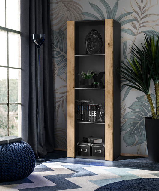 Vetrina Tivoli, Komodee, Nero/Wotan, Larghezza 55 cm x Altezza 159 cm x Profondità 35 cm, senza LED, 3 ripiani, Per soggiorno, Camera da letto, anticamera