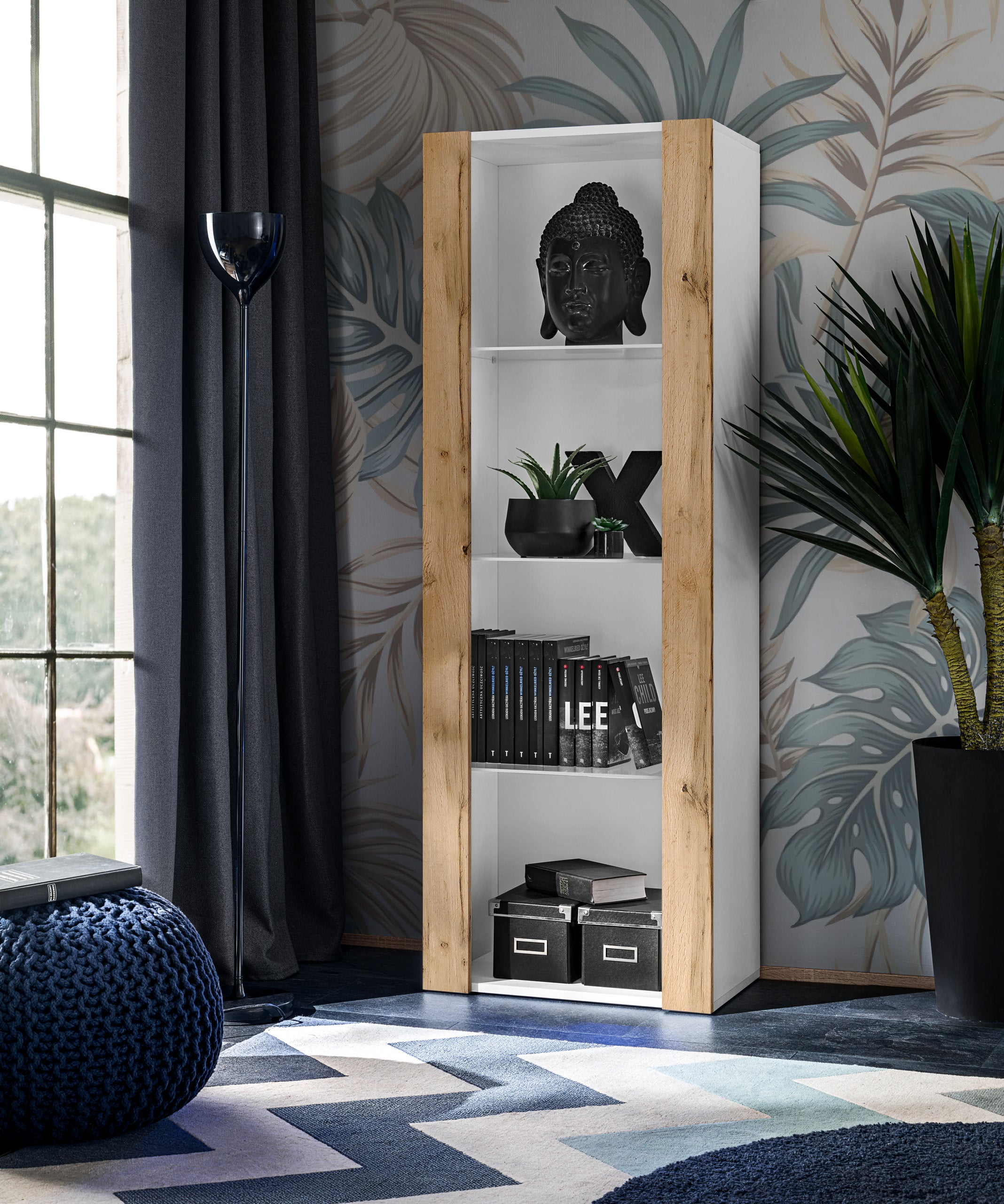 Vetrina Tivoli, Komodee, Bianco/Wotan, Larghezza 55 cm x Altezza 159 cm x Profondità 35 cm, senza LED, 3 ripiani, Per soggiorno, Camera da letto, anticamera