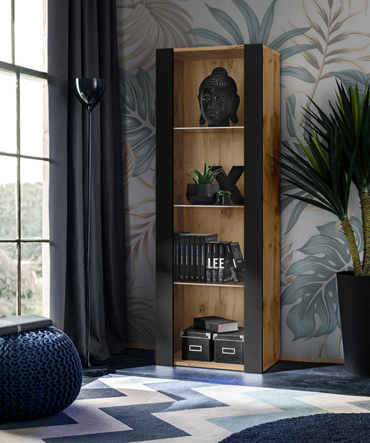 Vetrina Tivoli, Komodee, Wotan/Nero, Larghezza 55 cm x Altezza 159 cm x Profondità 35 cm, senza LED, 3 ripiani, Per soggiorno, Camera da letto, anticamera