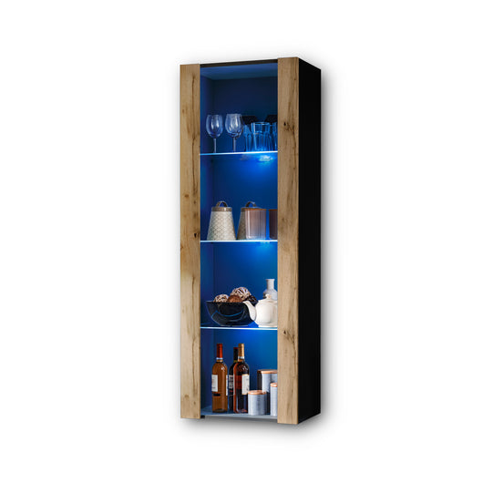Vetrina Tivoli, Komodee, Nero/Wotan, Larghezza 55 cm x Altezza 159 cm x Profondità 35 cm, LED BLU, 3 ripiani, Per soggiorno, Camera da letto, anticamera