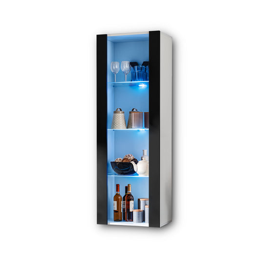 Vetrina Tivoli, Komodee, Bianco/Nero, Larghezza 55 cm x Altezza 159 cm x Profondità 35 cm, LED BLU, 3 ripiani, Per soggiorno, Camera da letto, anticamera