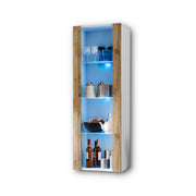 Vetrina Tivoli, Komodee, Bianco/Wotan, Larghezza 55 cm x Altezza 159 cm x Profondità 35 cm, LED BLU, 3 ripiani, Per soggiorno, Camera da letto, anticamera