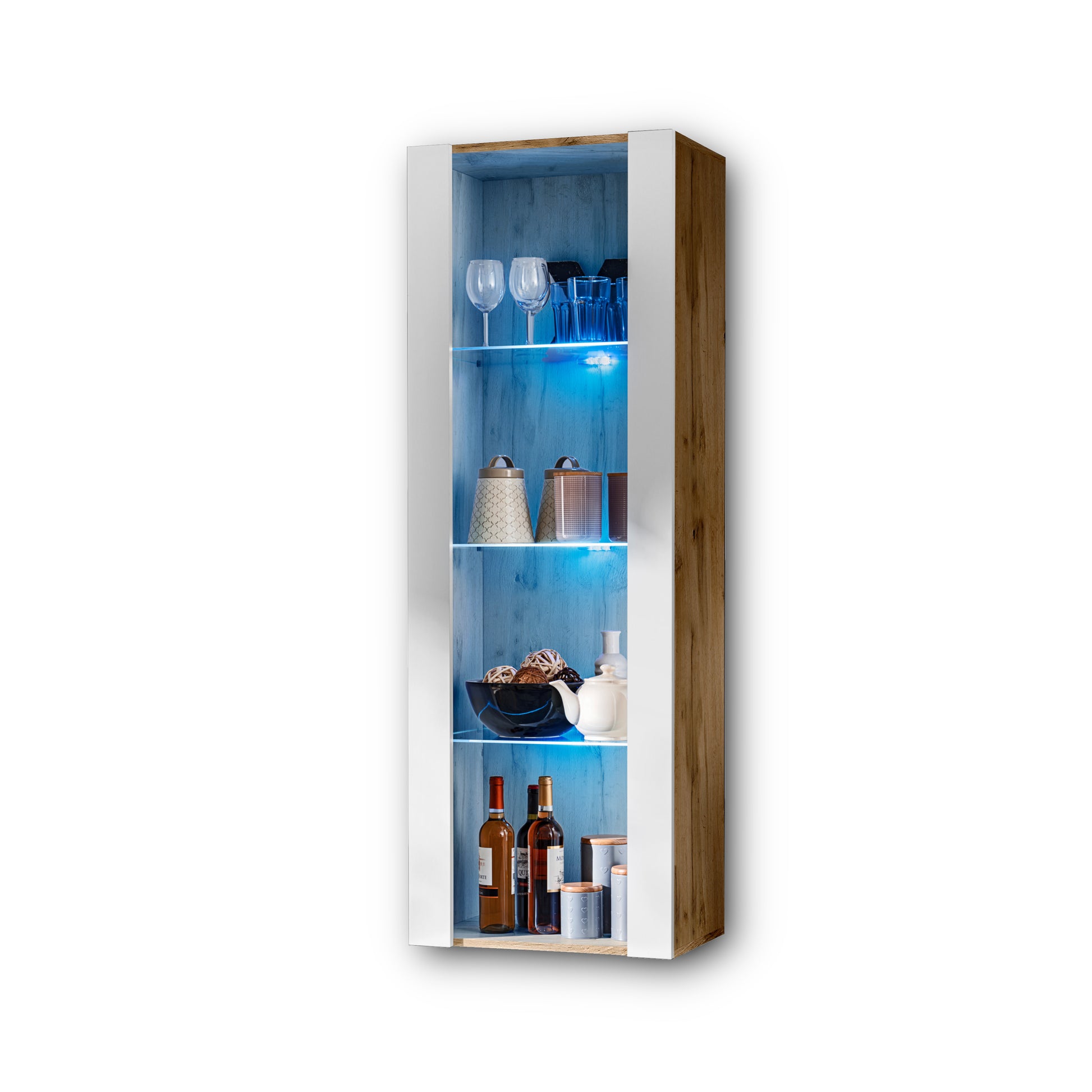 Vetrina Tivoli, Komodee, Wotan/Bianco, Larghezza 55 cm x Altezza 159 cm x Profondità 35 cm, LED BLU, 3 ripiani, Per soggiorno, Camera da letto, anticamera