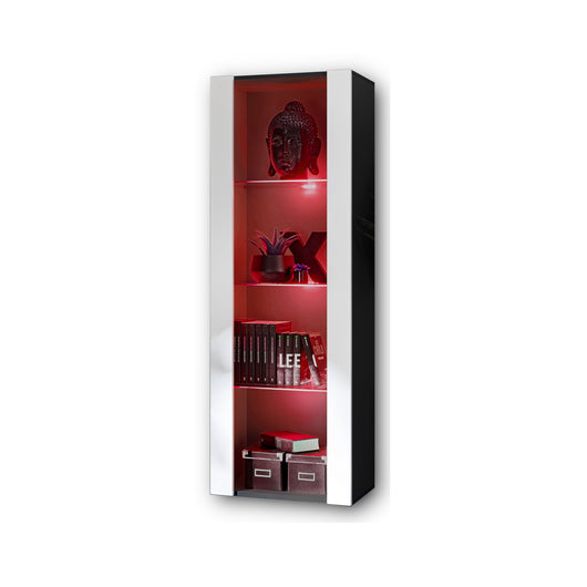 Vetrina Tivoli, Komodee, Nero/Bianco, Larghezza 55 cm x Altezza 159 cm x Profondità 35 cm, LED RGB, 3 ripiani, Per soggiorno, Camera da letto, anticamera