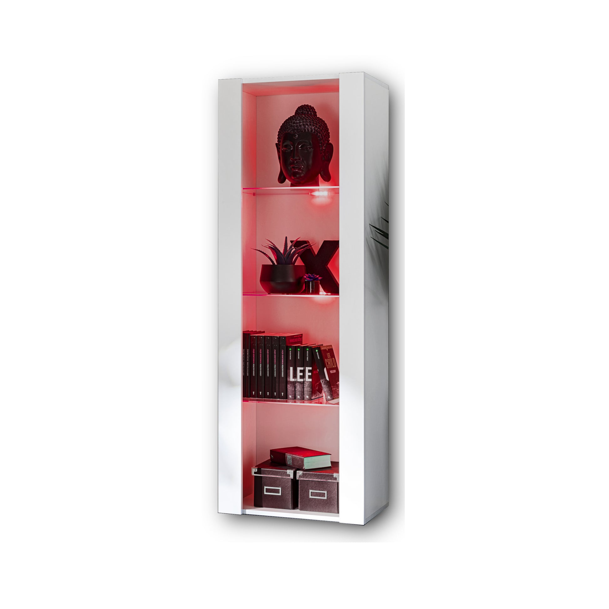 Vetrina Tivoli, Komodee, Bianco, Larghezza 55 cm x Altezza 159 cm x Profondità 35 cm, LED RGB, 3 ripiani, Per soggiorno, Camera da letto, anticamera