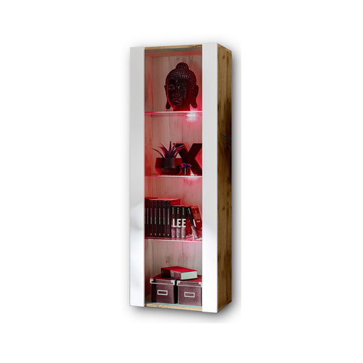 Vetrina Tivoli, Komodee, Wotan/Bianco, Larghezza 55 cm x Altezza 159 cm x Profondità 35 cm, LED RGB, 3 ripiani, Per soggiorno, Camera da letto, anticamera