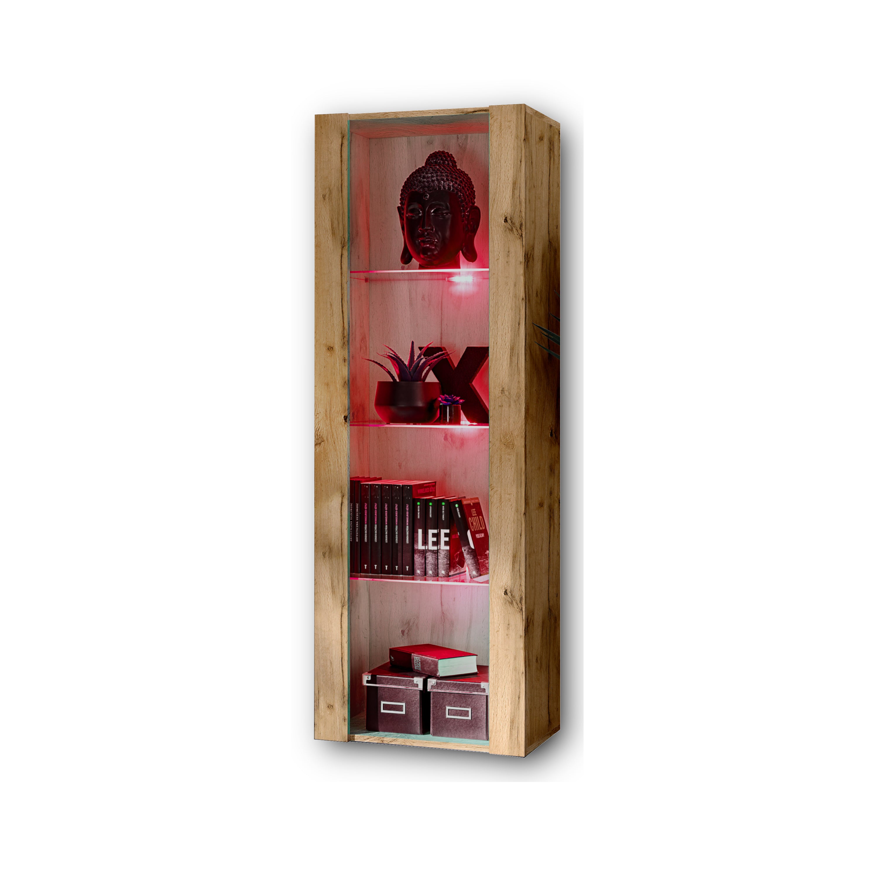 Vetrina Tivoli, Komodee, Wotan, Larghezza 55 cm x Altezza 159 cm x Profondità 35 cm, LED RGB, 3 ripiani, Per soggiorno, Camera da letto, anticamera