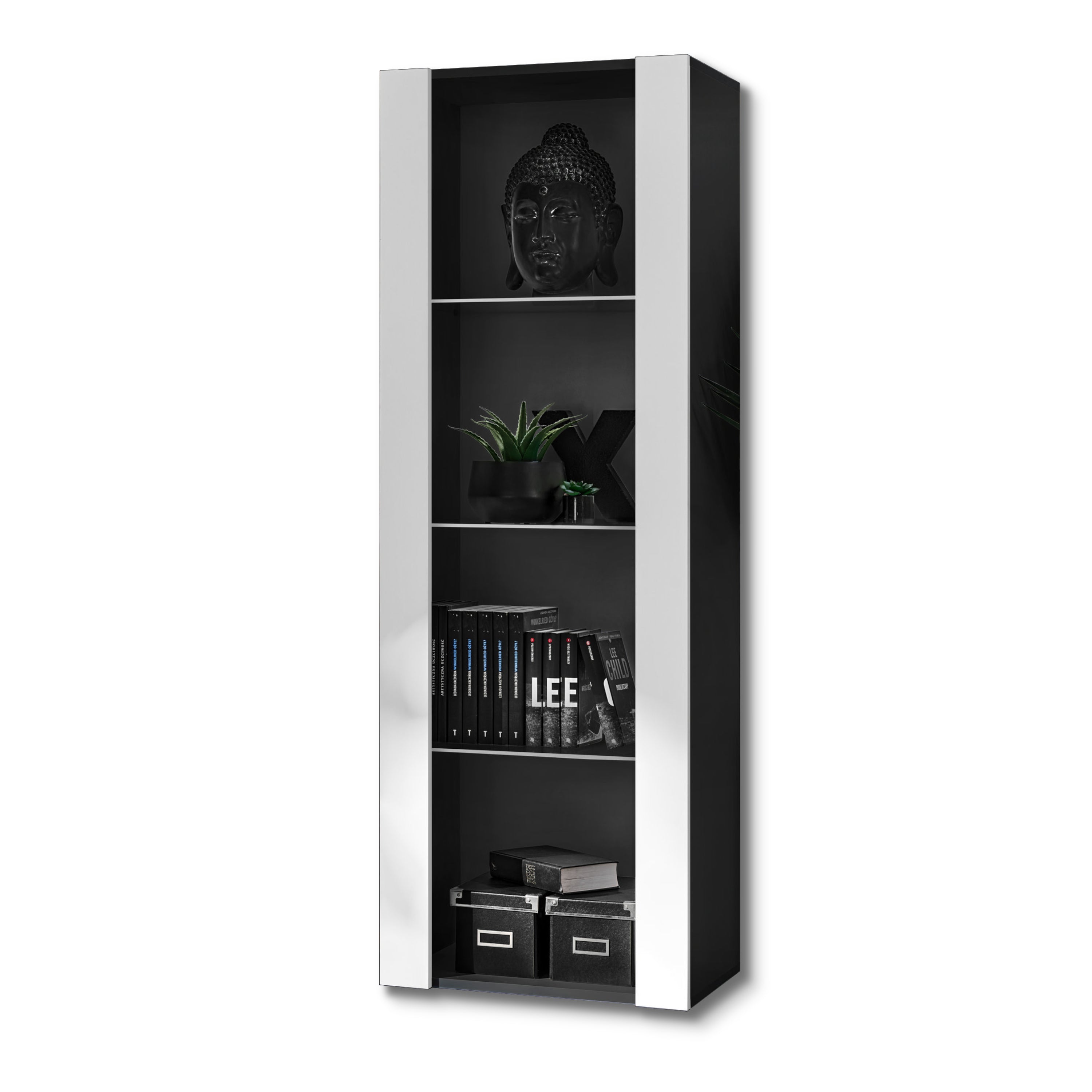 Vetrina Tivoli, Komodee, Nero/Bianco, Larghezza 55 cm x Altezza 159 cm x Profondità 35 cm, senza LED, 3 ripiani, Per soggiorno, Camera da letto, anticamera