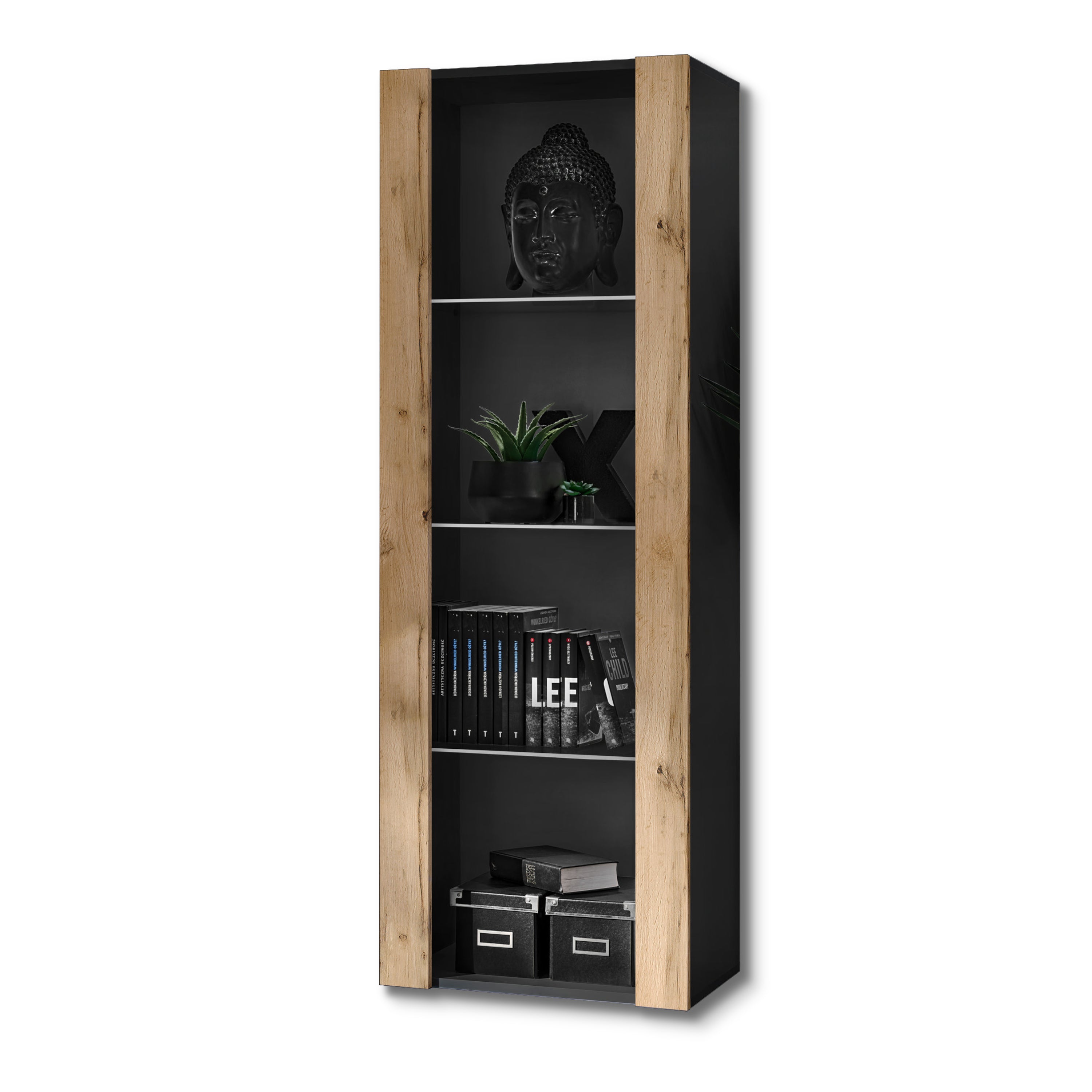 Vetrina Tivoli, Komodee, Nero/Wotan, Larghezza 55 cm x Altezza 159 cm x Profondità 35 cm, senza LED, 3 ripiani, Per soggiorno, Camera da letto, anticamera