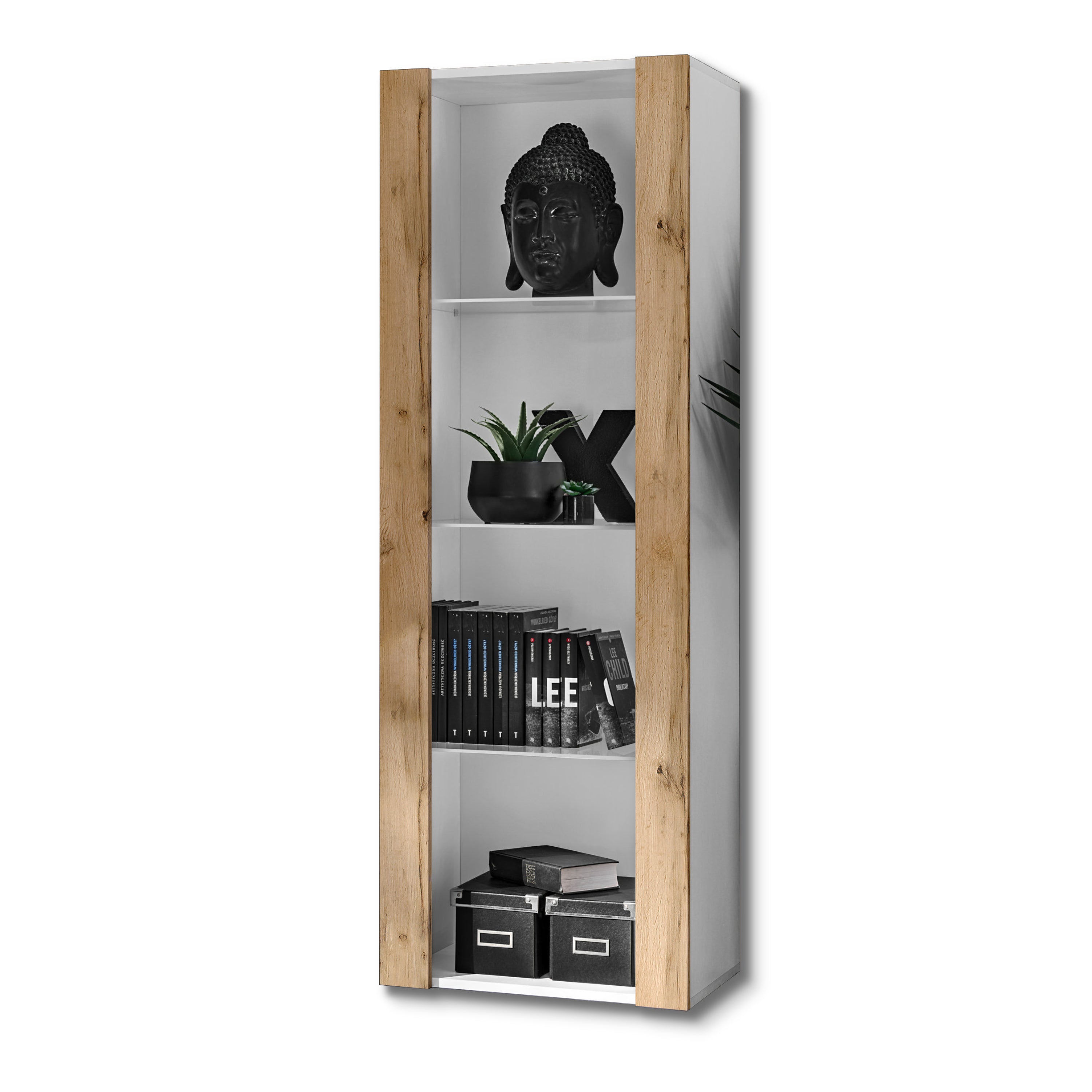 Vetrina Tivoli, Komodee, Bianco/Wotan, Larghezza 55 cm x Altezza 159 cm x Profondità 35 cm, senza LED, 3 ripiani, Per soggiorno, Camera da letto, anticamera