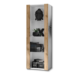 Vetrina Tivoli, Komodee, Bianco/Wotan, Larghezza 55 cm x Altezza 159 cm x Profondità 35 cm, senza LED, 3 ripiani, Per soggiorno, Camera da letto, anticamera