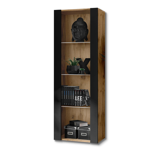 Vetrina Tivoli, Komodee, Wotan/Nero, Larghezza 55 cm x Altezza 159 cm x Profondità 35 cm, senza LED, 3 ripiani, Per soggiorno, Camera da letto, anticamera