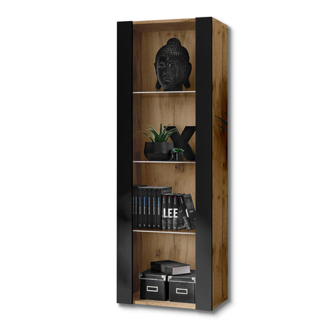 Vetrina Tivoli, Komodee, Wotan/Nero, Larghezza 55 cm x Altezza 159 cm x Profondità 35 cm, senza LED, 3 ripiani, Per soggiorno, Camera da letto, anticamera