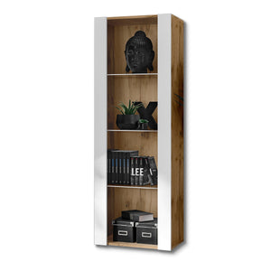 Vetrina Tivoli, Komodee, Wotan/Bianco, Larghezza 55 cm x Altezza 159 cm x Profondità 35 cm, senza LED, 3 ripiani, Per soggiorno, Camera da letto, anticamera